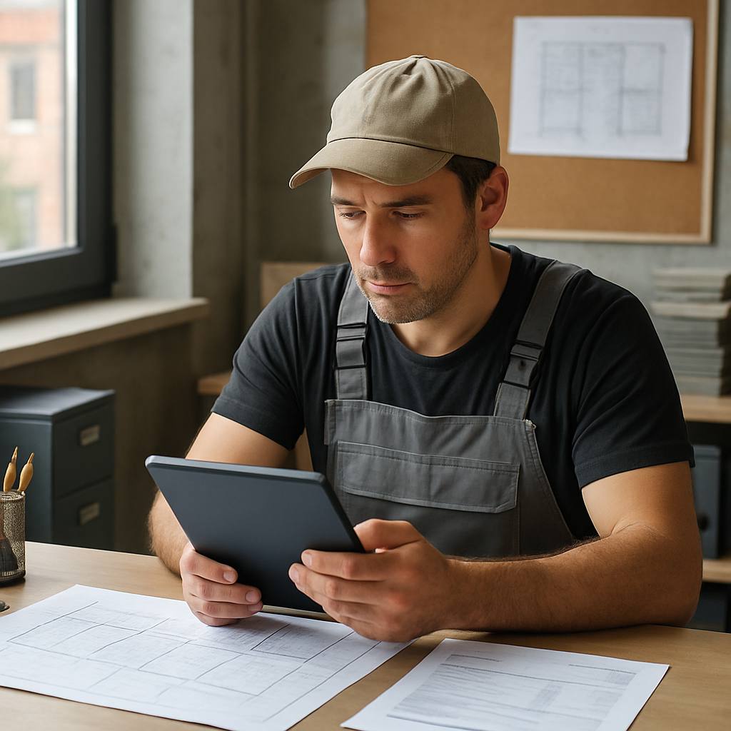 Un carreleur consulte des documents sur une tablette, symbolisant la recherche d'une assurance adaptée.
