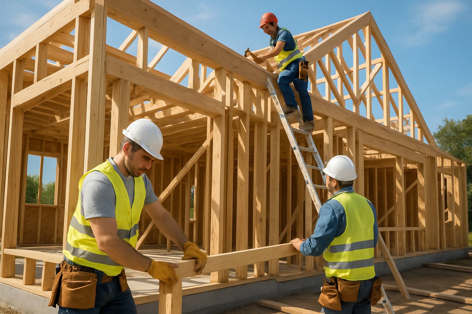'Image à la une : Construction d''une maison individuelle moderne avec des ouvriers en sécurité sur le chantier'