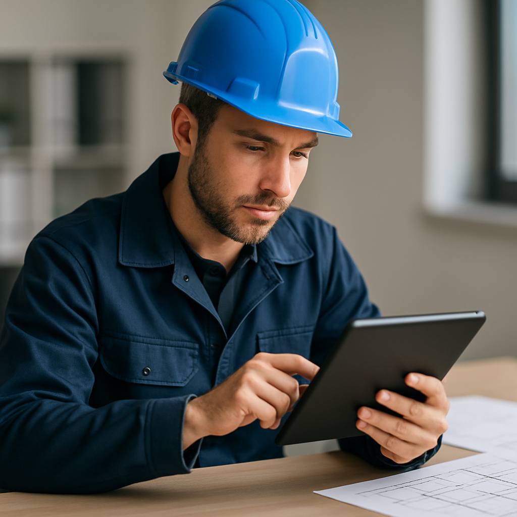 Un artisan électricien consultant des documents contractuels sur une tablette numérique dans un bureau, avec un fond flou de plan de construction, illustrant le choix de l'assurance.