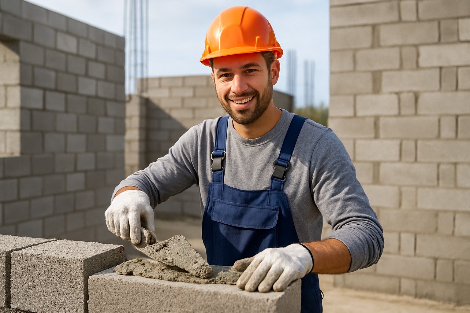 Maçon en tenue de travail et casque sur un chantier de gros œuvre