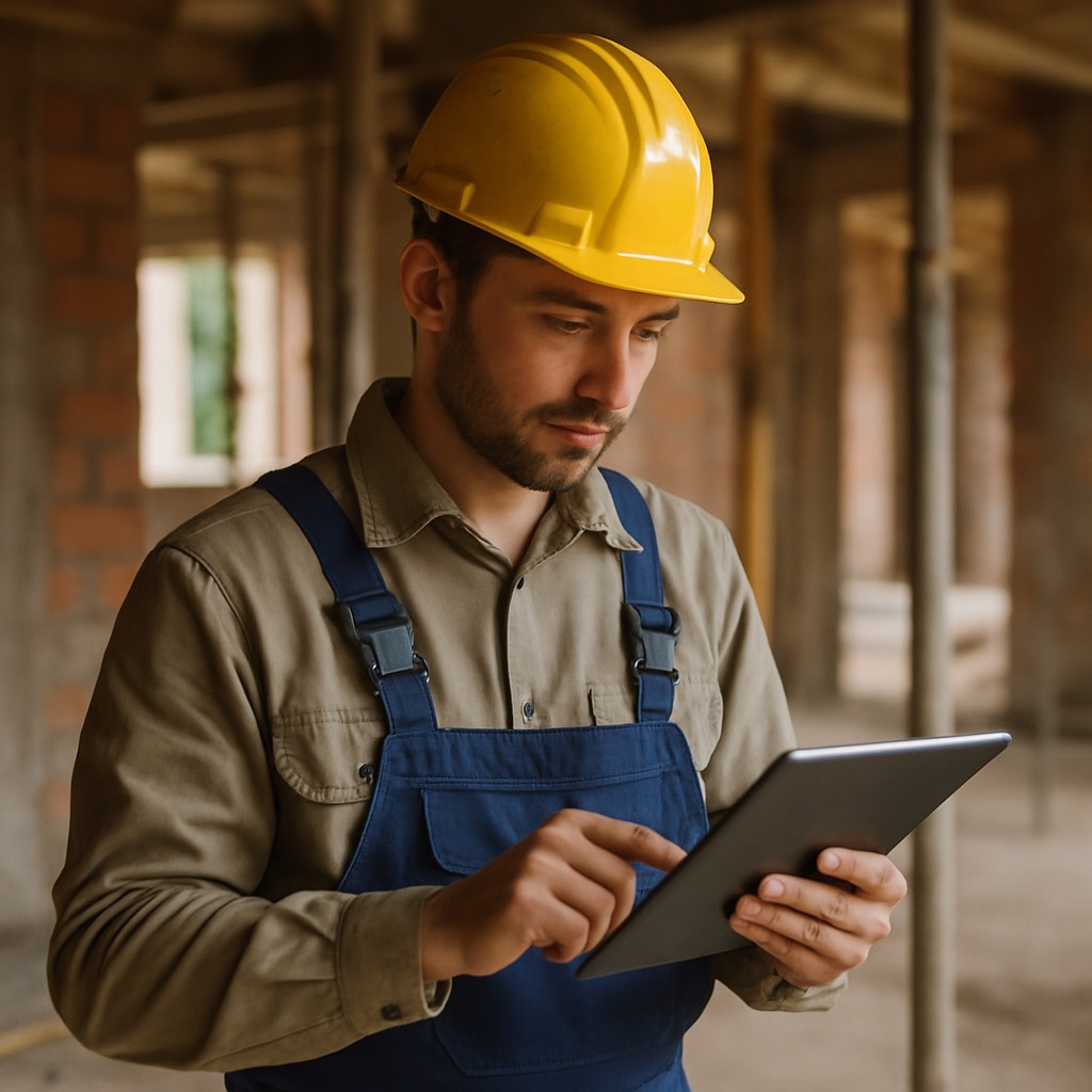 Artisan du bâtiment consultant ses garanties sur une tablette sur un chantier