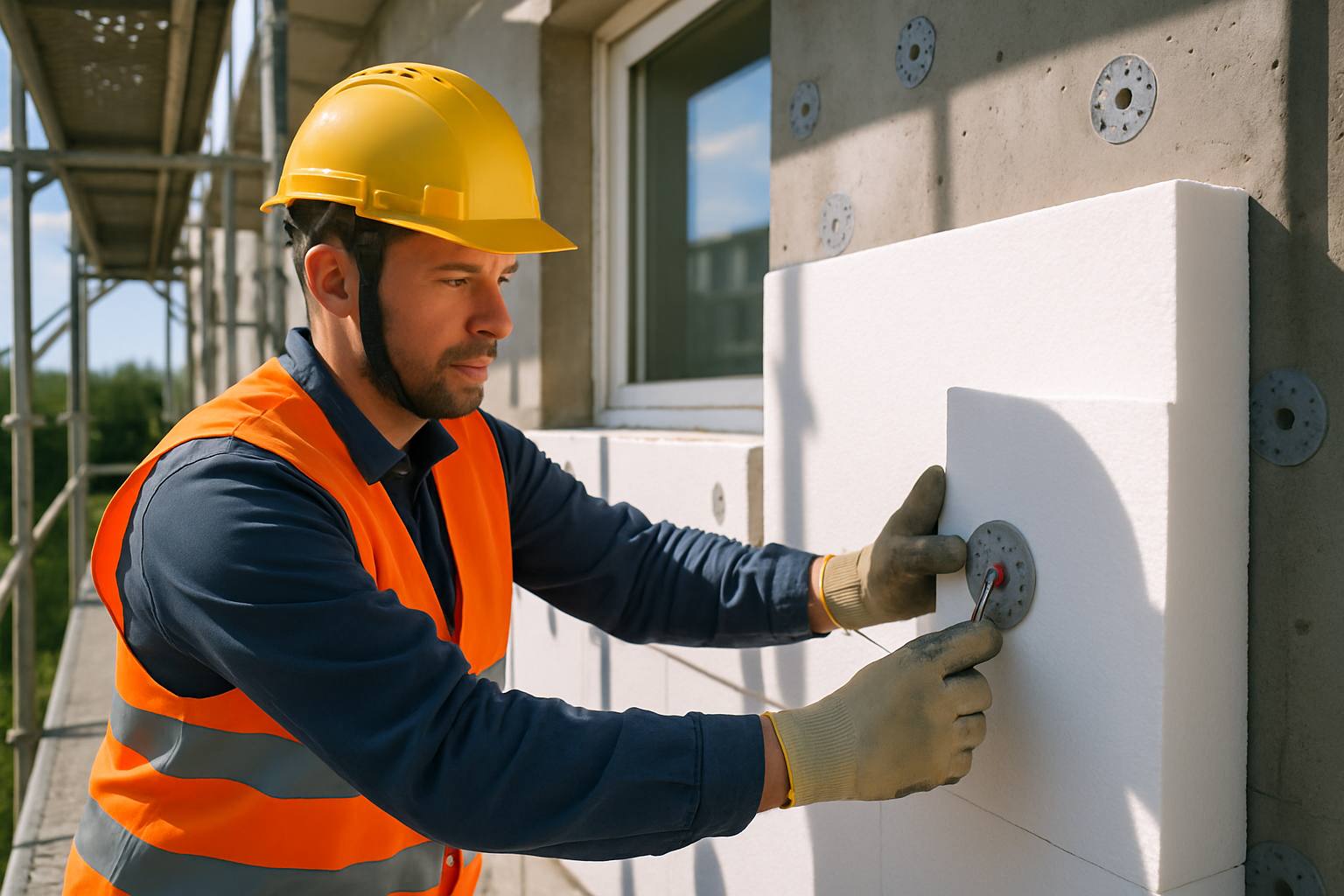 'Image à la une : Un isolateur professionnel travaillant sur un chantier d''Isolation Thermique par l''Extérieur (ITE) avec des panneaux isolants et un échafaudage.'