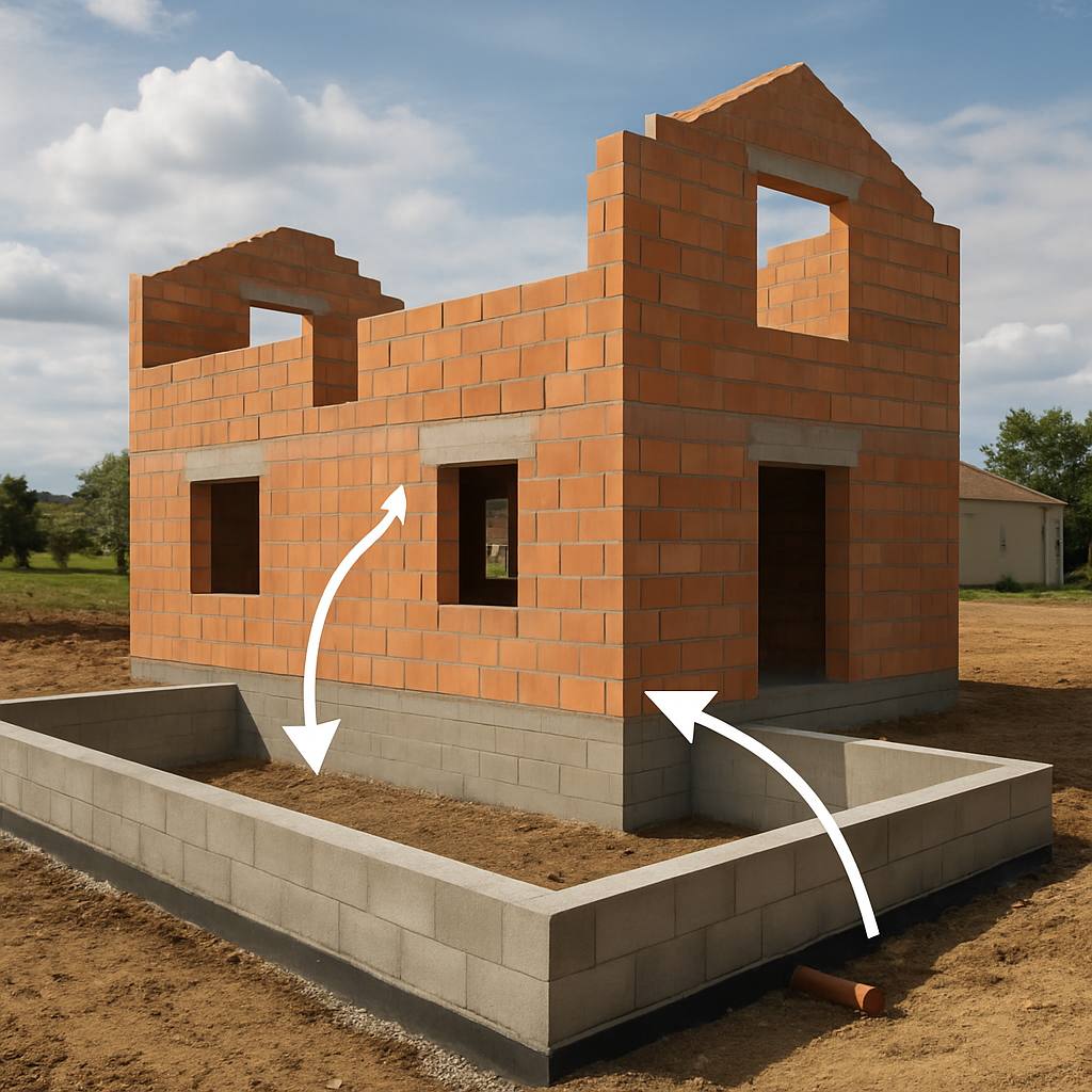 Vue schématique d'une maison en construction, mettant en évidence les fondations, les murs porteurs et la toiture, avec des flèches indiquant les zones de risque couvertes par la garantie décennale.
