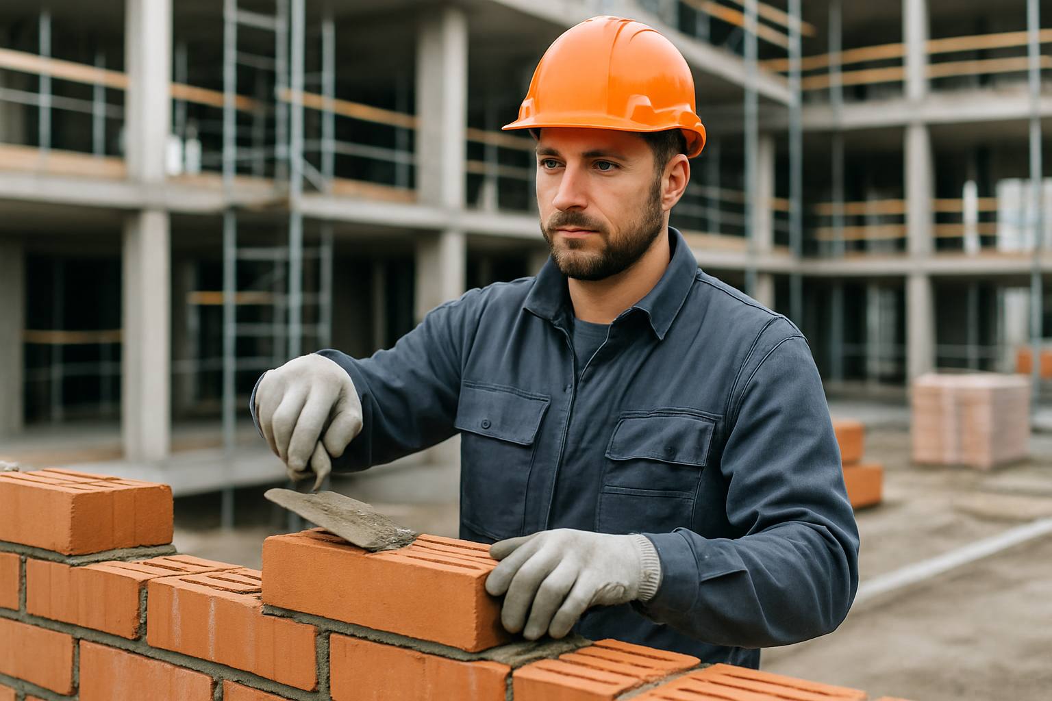 Un maçon en tenue de travail sur un chantier de construction moderne, souriant et confiant.