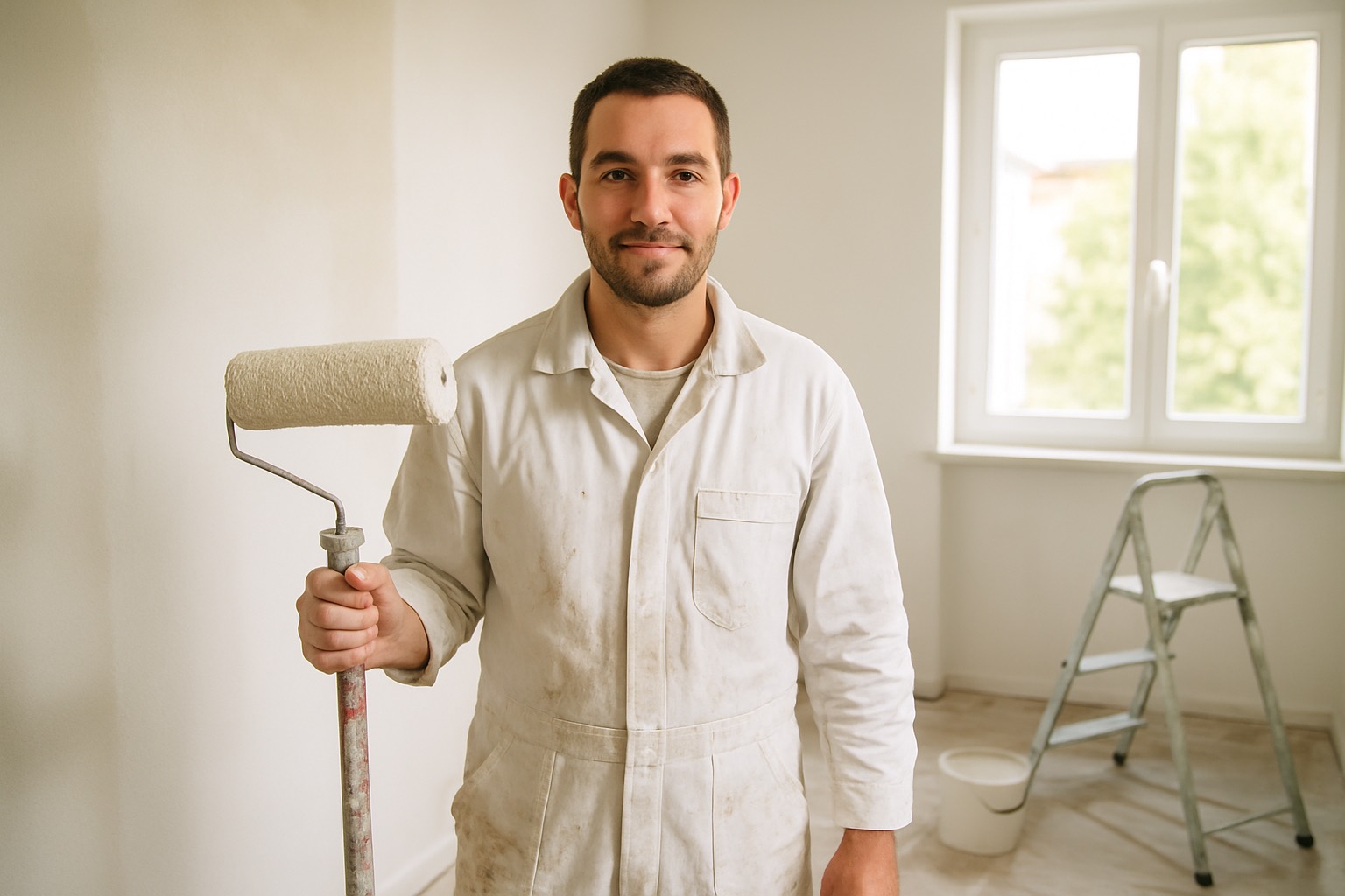 Peintre en bâtiment auto-entrepreneur intervenant seul sur un chantier de rénovation