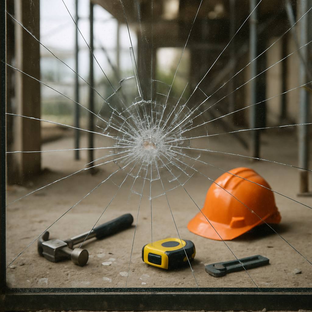 Chute d'outils et vitre brisée sur un chantier