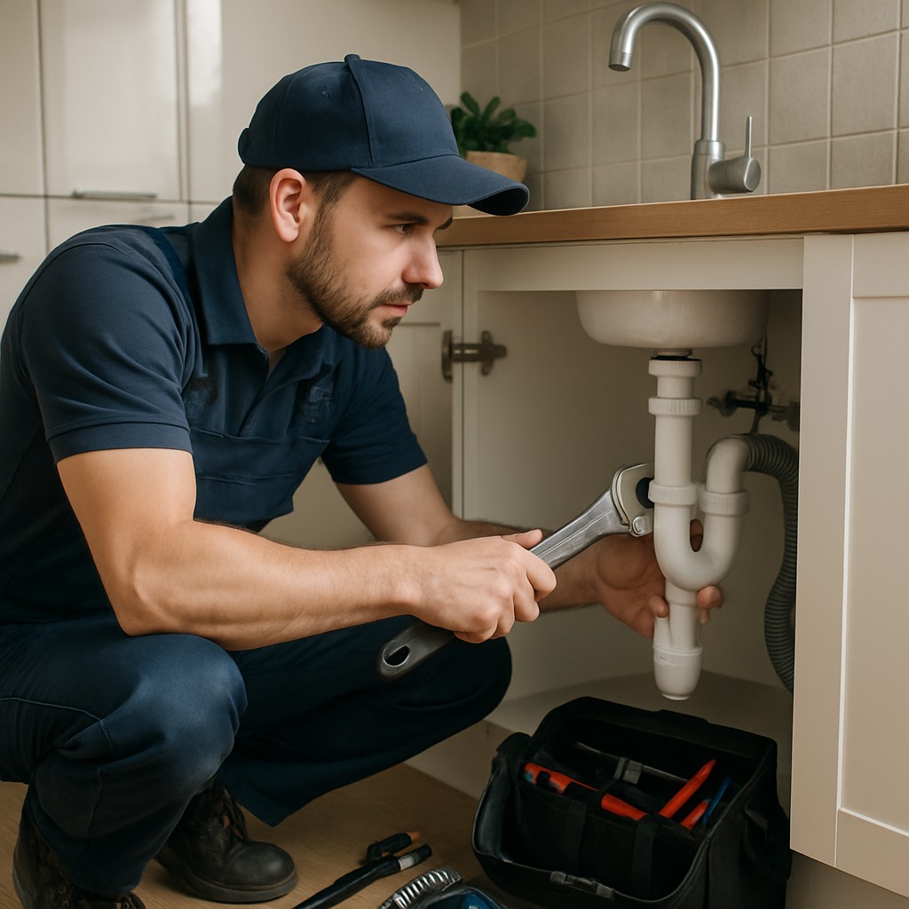 Plombier intervenant chez un particulier, illustrant le risque de dommage à un tiers pendant le chantier