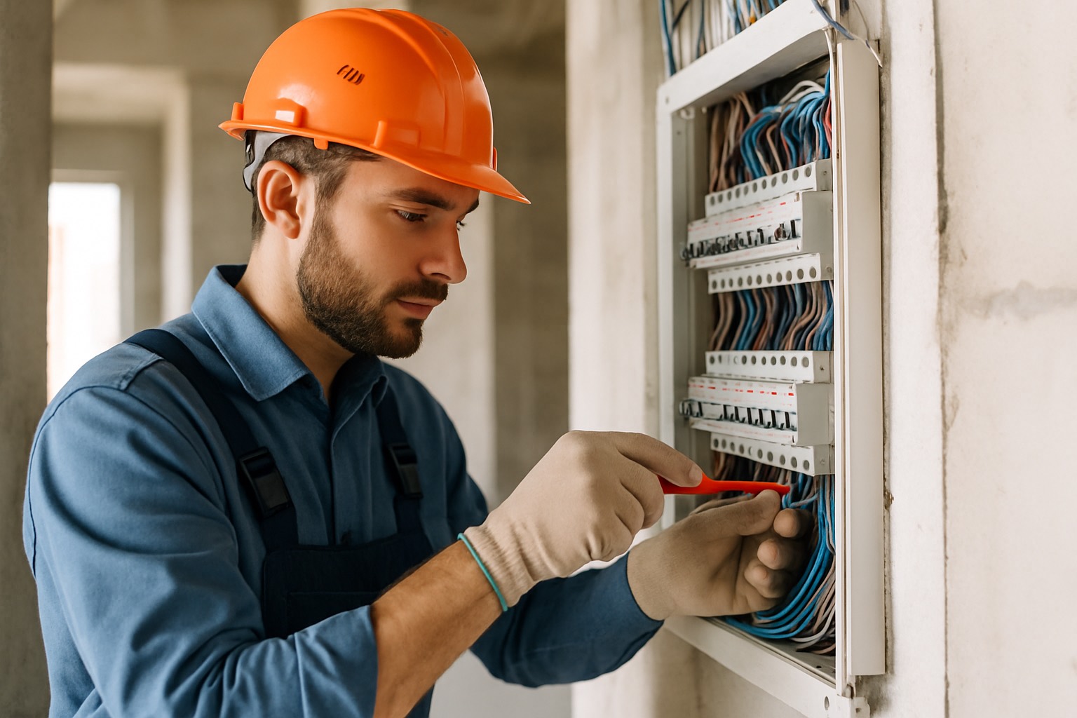 Électricien en tenue de travail intervenant sur un tableau électrique