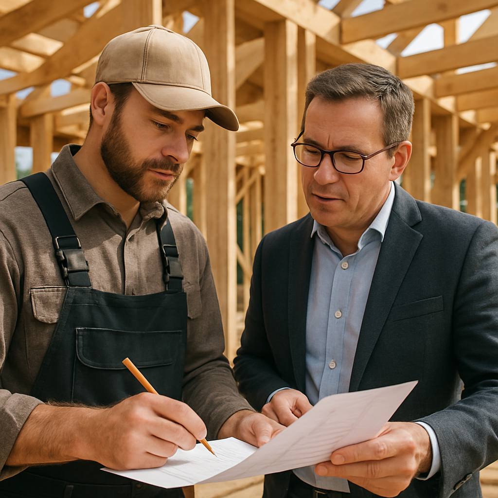 Un charpentier discutant des plans d'une charpente avec un client sur un chantier