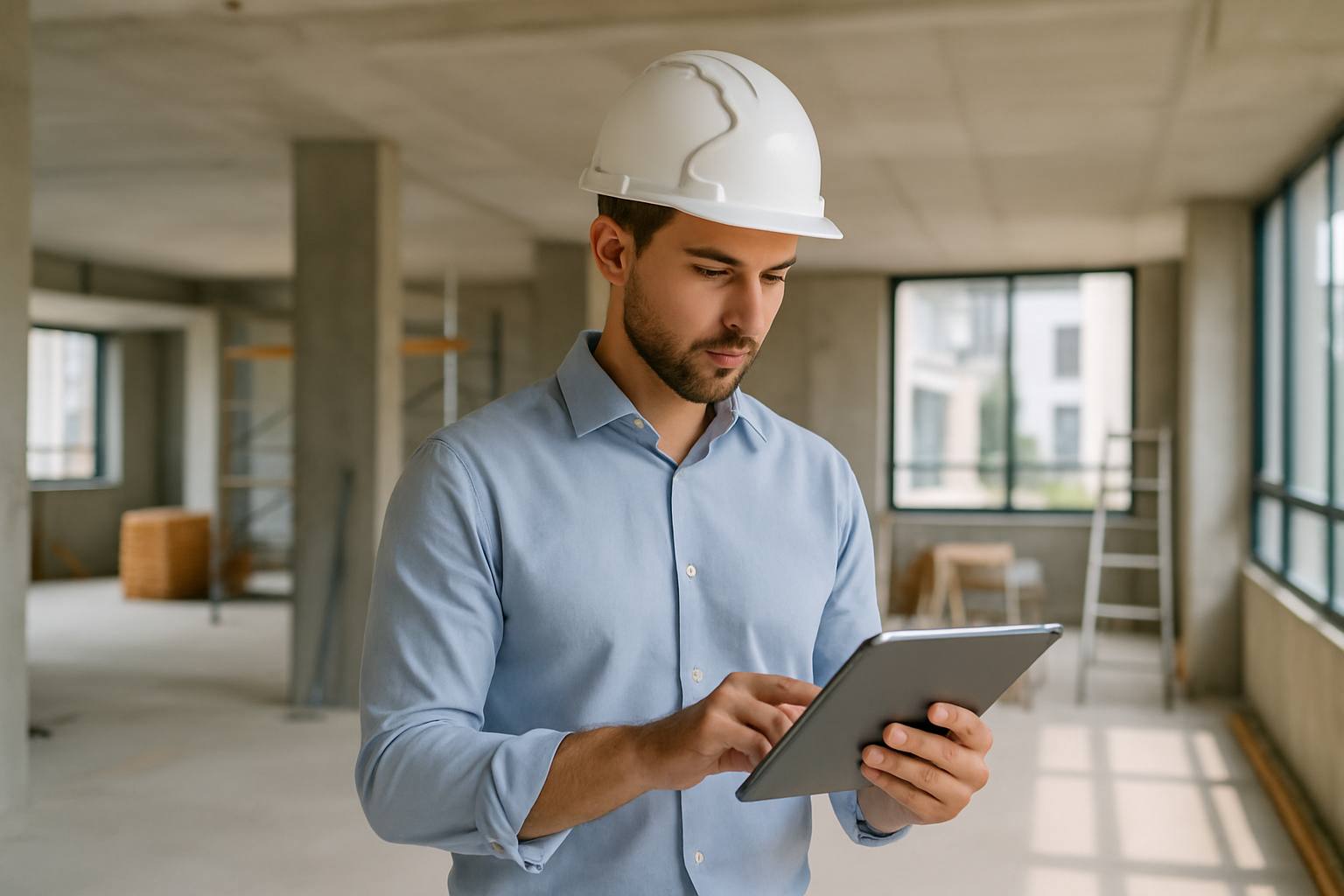 Entrepreneur du bâtiment en EIRL consultant des documents d'assurance sur son chantier