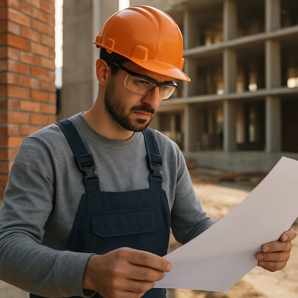 Un maçon en tenue de travail examinant des plans de construction sur un chantier, avec une ambiance de précision et de réflexion, lumière du jour, sans texte ni logo.