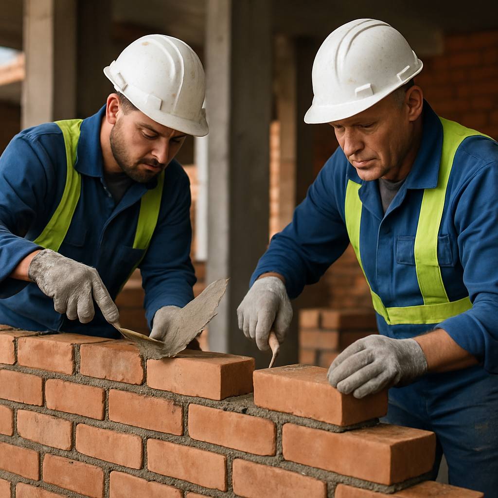 Deux maçons professionnels travaillant ensemble sur l'élévation d'un mur en briques, mettant en avant la qualité et la précision du travail de maçonnerie, en lumière naturelle sur un chantier, sans texte ni logo.