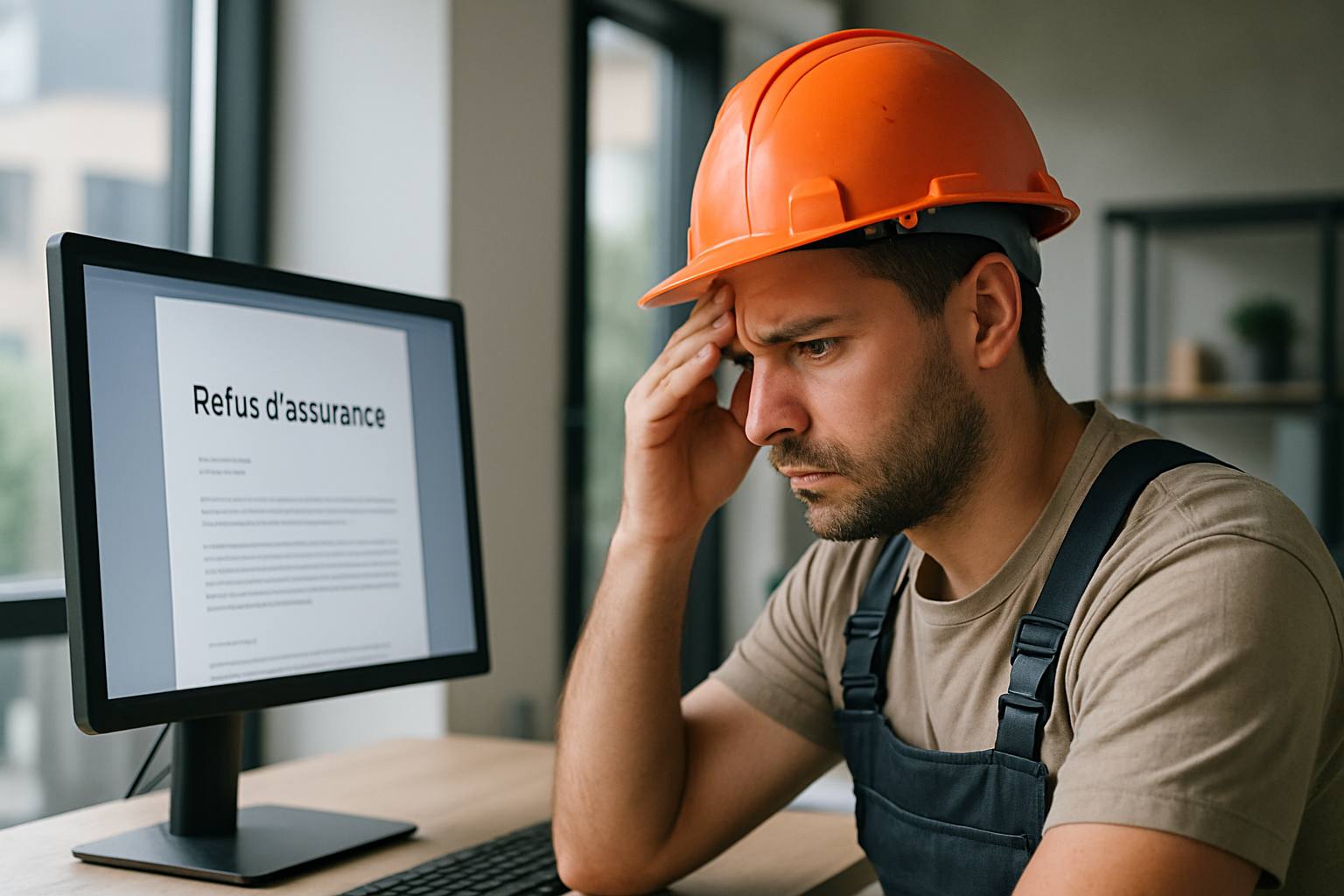 Un artisan du bâtiment, casque sur la tête, l'air soucieux devant un ordinateur affichant un document avec la mention 'Refus d'assurance'